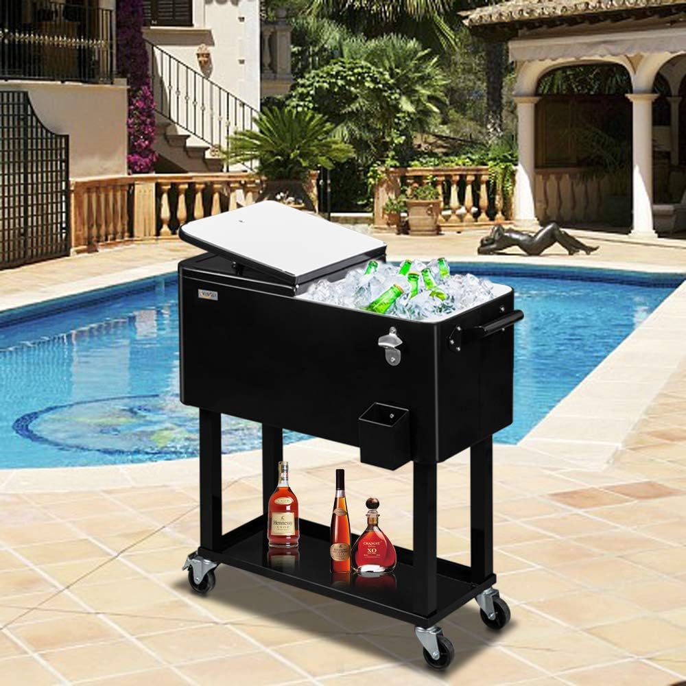 VINGLI Carrito rodante de 80 cuartos de galón con ruedas, enfriador de bebidas portátil para bar, fiesta de patio, piscina, baúl de hielo con