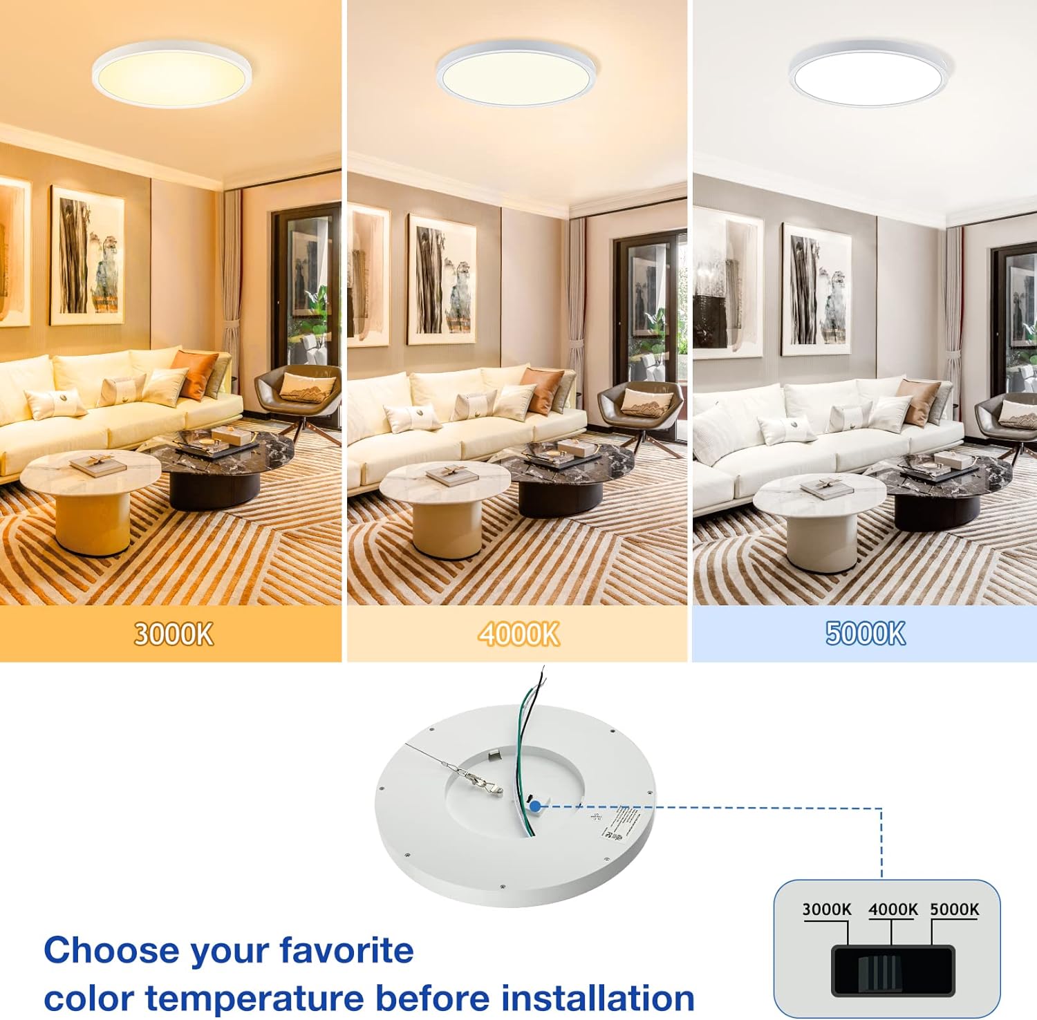 Paquete de 4 luces de techo regulables de montaje empotrado, 12 pulgadas, 3 temperaturas de color seleccionables, 20 W, redondo, blanco, ETL