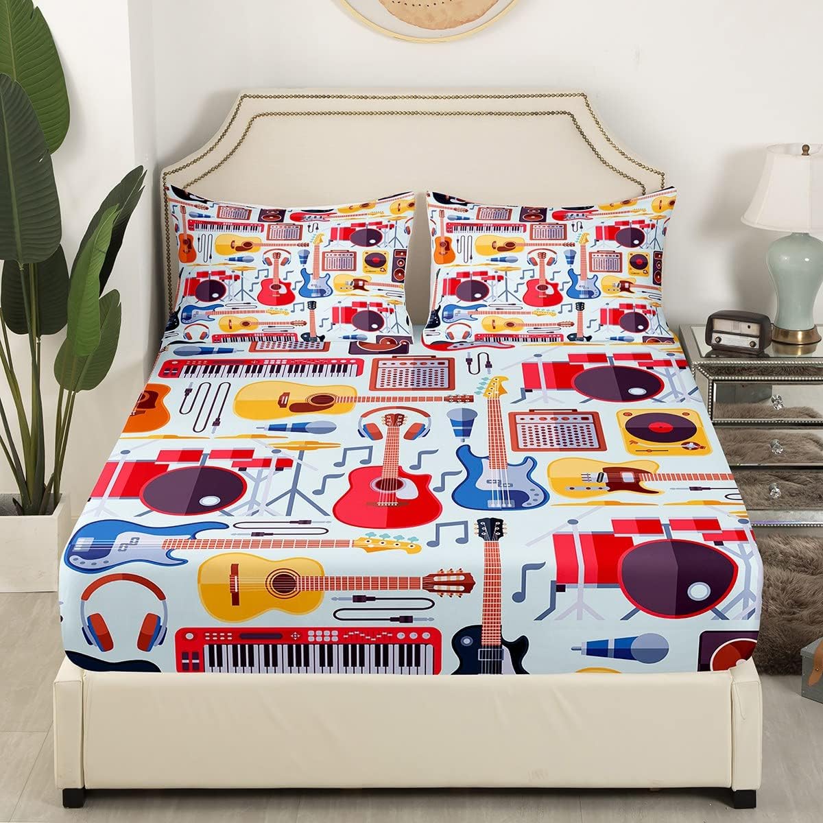Manfei Juego de sábanas bajeras musicales de tamaño individual, juego de ropa de cama con estampado de auriculares, 2 piezas para niños, niñas,