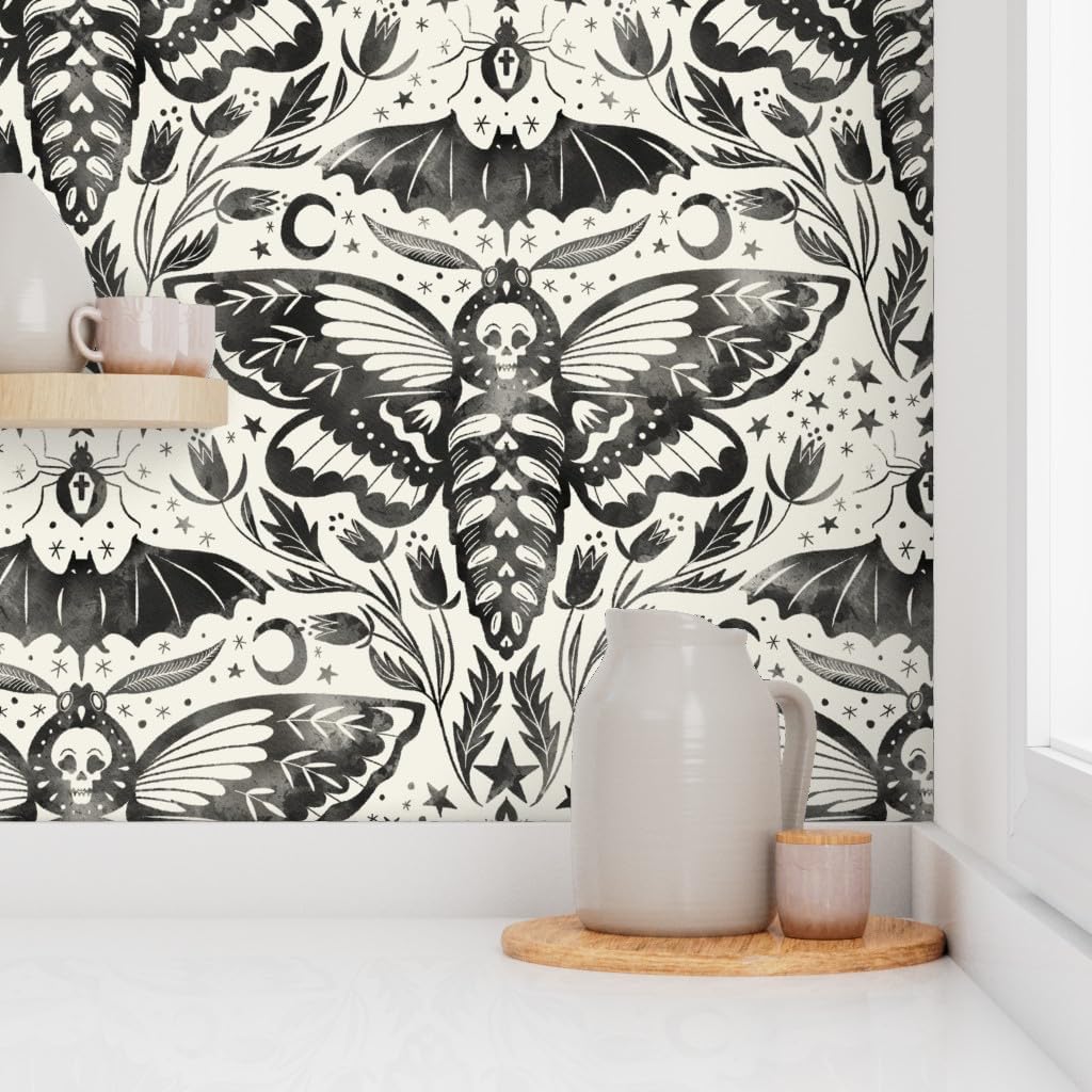 Spoonflower Papel tapiz extraíble de 12 x 2 pies  Acuarela Calavera Polilla Damasco Negro Blanco Flor Estrellas Elegante Tinta Magia Papel pintado