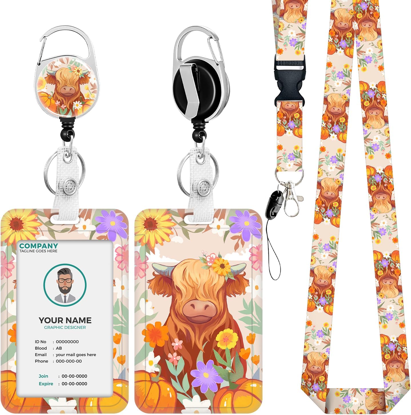 Highland Cow – Soporte para tarjetas de identificación con cordón, cordones de flores para insignias de identificación, carretes de insignias