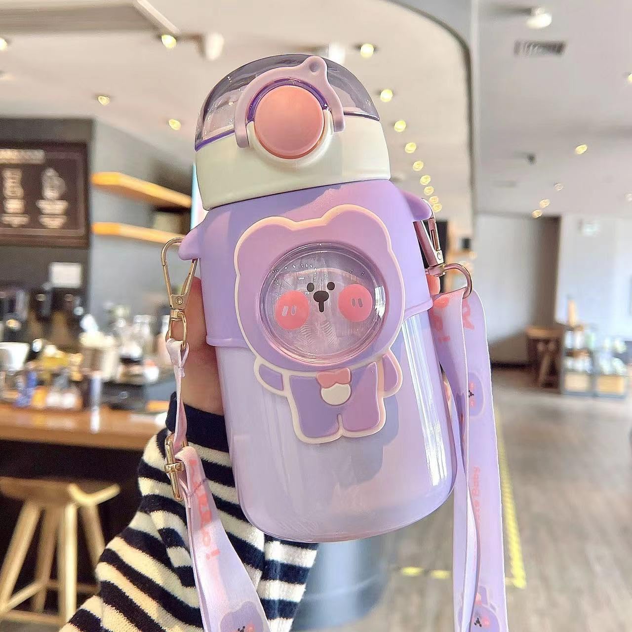 Kawaii Bear – Botella de agua con popote y correa para el hombro, a prueba de fugas, de acero inoxidable al vacío, sin BPA, lindas botellas de agua