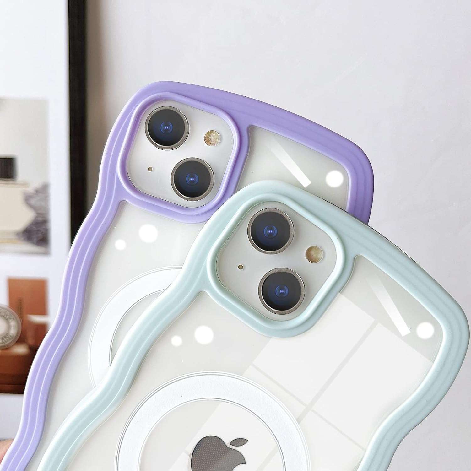 Skyseaco Funda para iPhone 14, compatible con MagSafe, bonita forma de marco de onda rizada, a prueba de golpes, suave funda magnética para mujeres