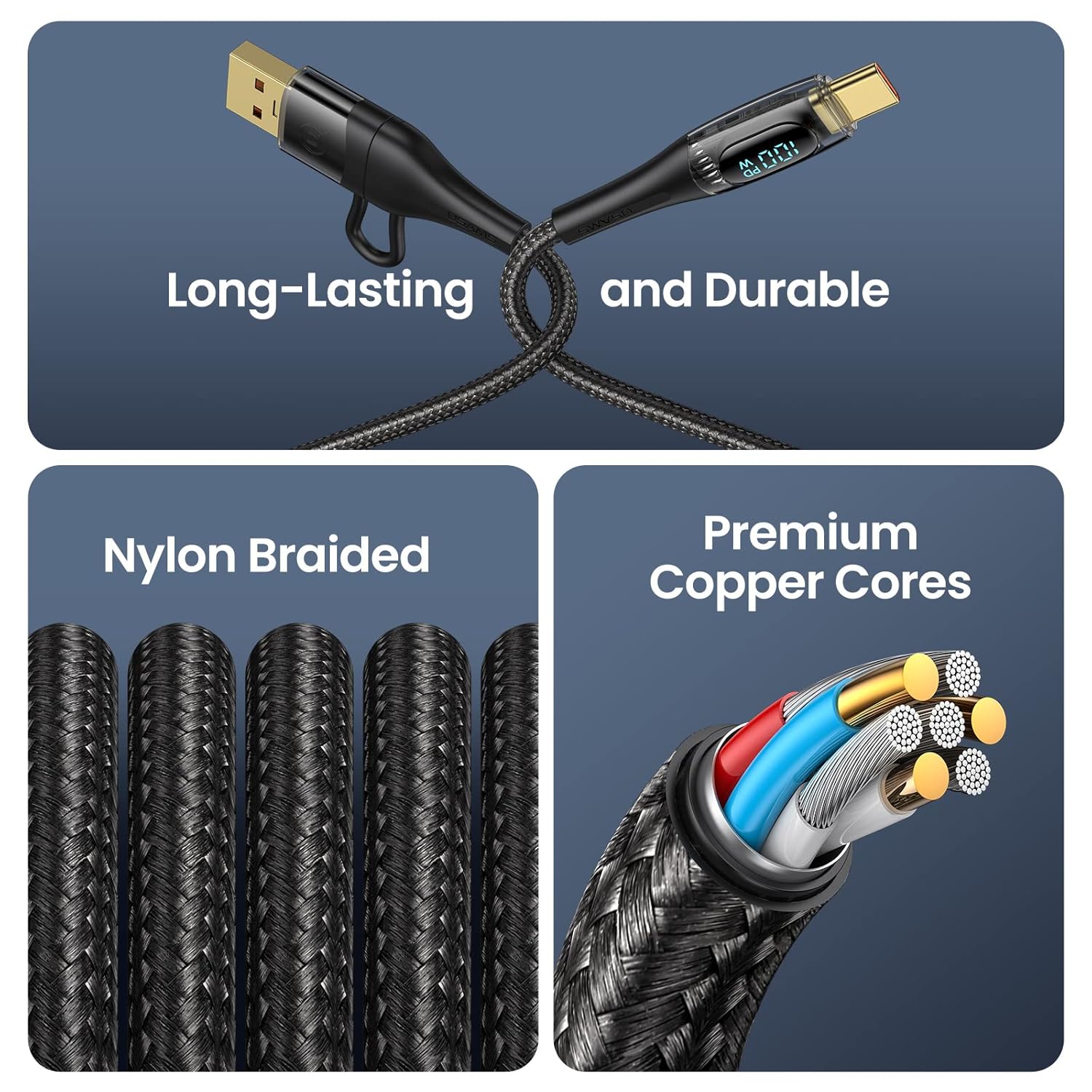USAMS – Cable de carga USB C a múltiple, 100 W, 4 pies, 5 A, tipo C a tipo C, cable de carga rápida con pantalla LED 5 en 1 CA a CMicroIP, adaptador