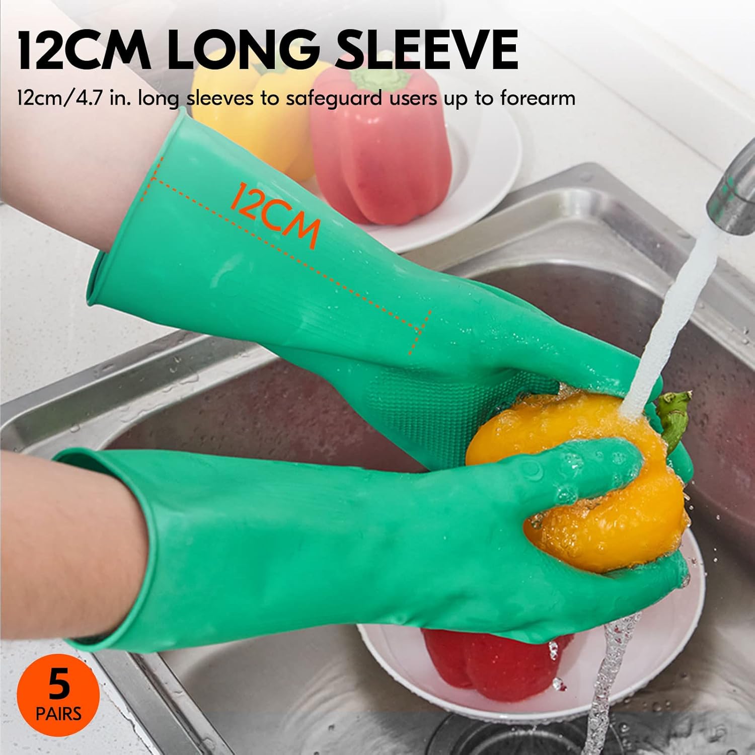 5 pares de guantes reutilizables para el hogar, guantes de goma para lavar platos, mangas largas, grosor extra para lavar platos
