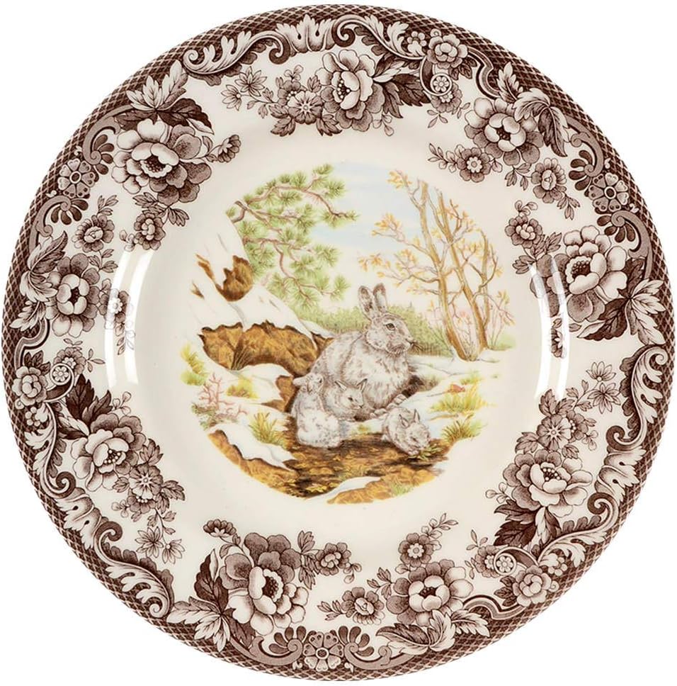 Spode Plato llano Woodland, conejo con raquetas de nieve, 10.5 pulgadas, decoración de cabaña de caza, cabaña de cabaña y cabaña, fabricado en