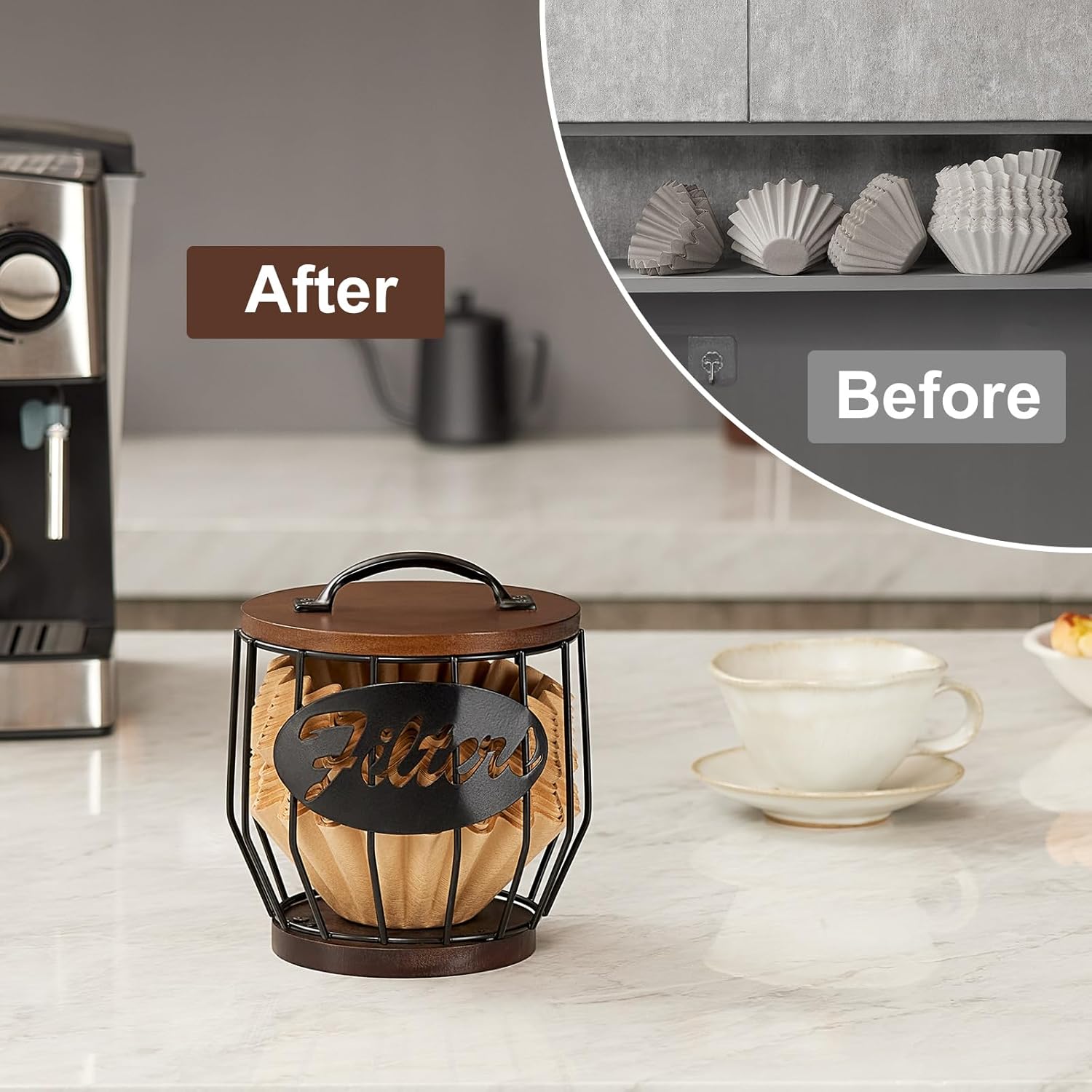 Yangbaga Soporte para filtro de café con tapa de madera, cesta de almacenamiento de filtro de café de madera y metal para filtros de café de 2 a 4