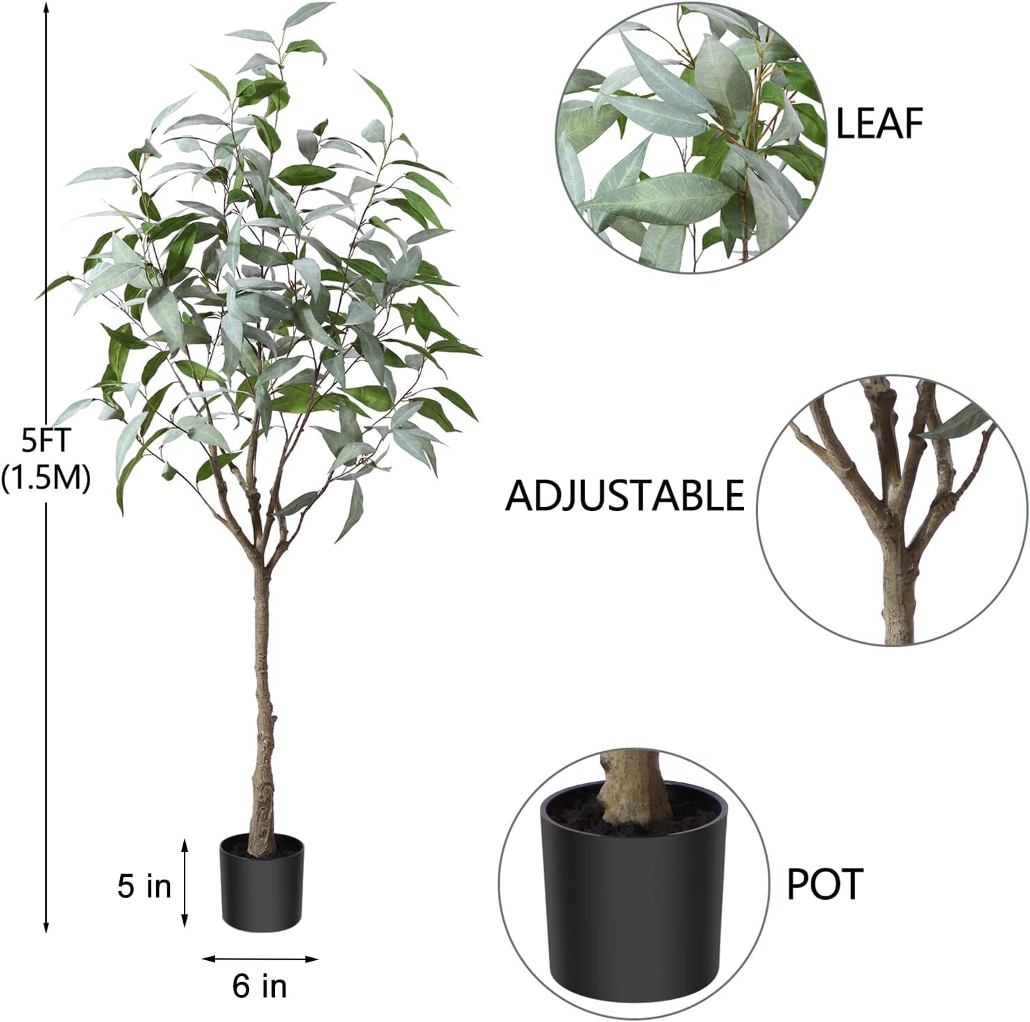 Árbol de eucalipto artificial de 5 pies de alto, plantas de eucalipto artificiales grandes, plantas de seda artificial para decoración del hogar,
