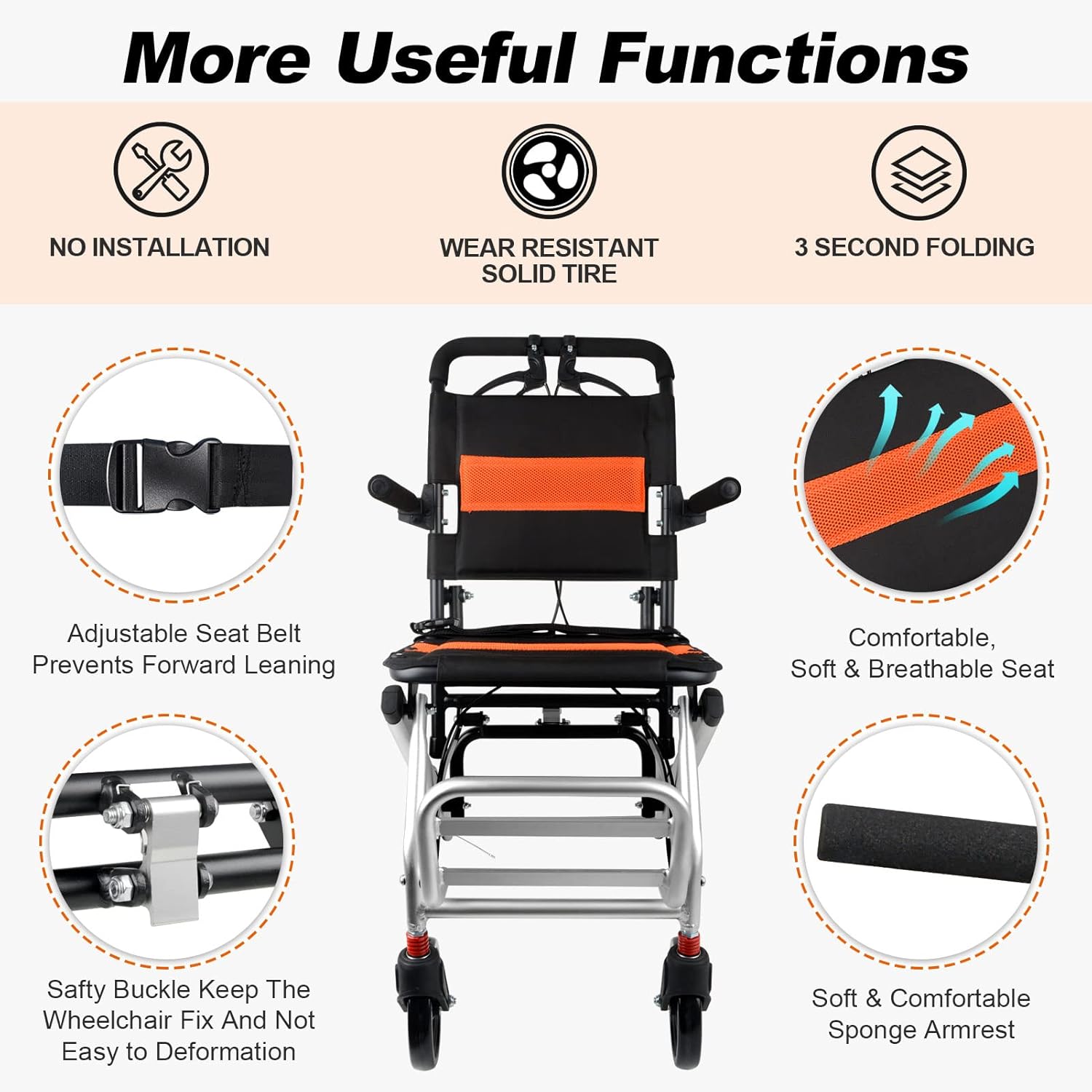 Silla de ruedas ultraligera de transporte  Silla de ruedas portátil plegable con freno de mano  Carros para viajes en avión de edad avanzada con