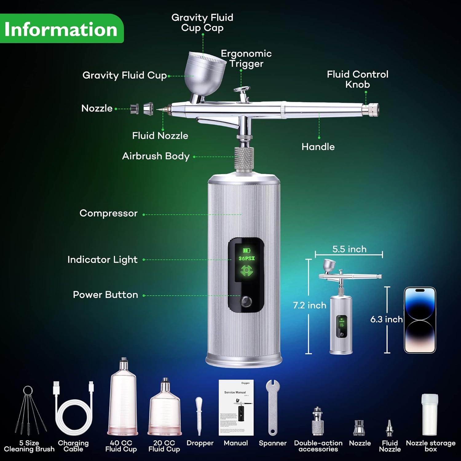 ANUINIT Kit de aerógrafo de 36 PSI con compresor, modo de doble acción, pantalla LCD, aerógrafo de mano inalámbrico para uñas, pasteles, maquillaje,
