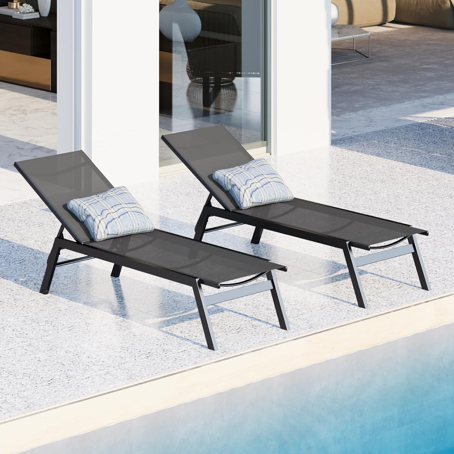 Juego de 2 tumbonas de aluminio para exteriores, sillas reclinables de textileno transpirables para patio, sillón reclinable con 5 respaldos