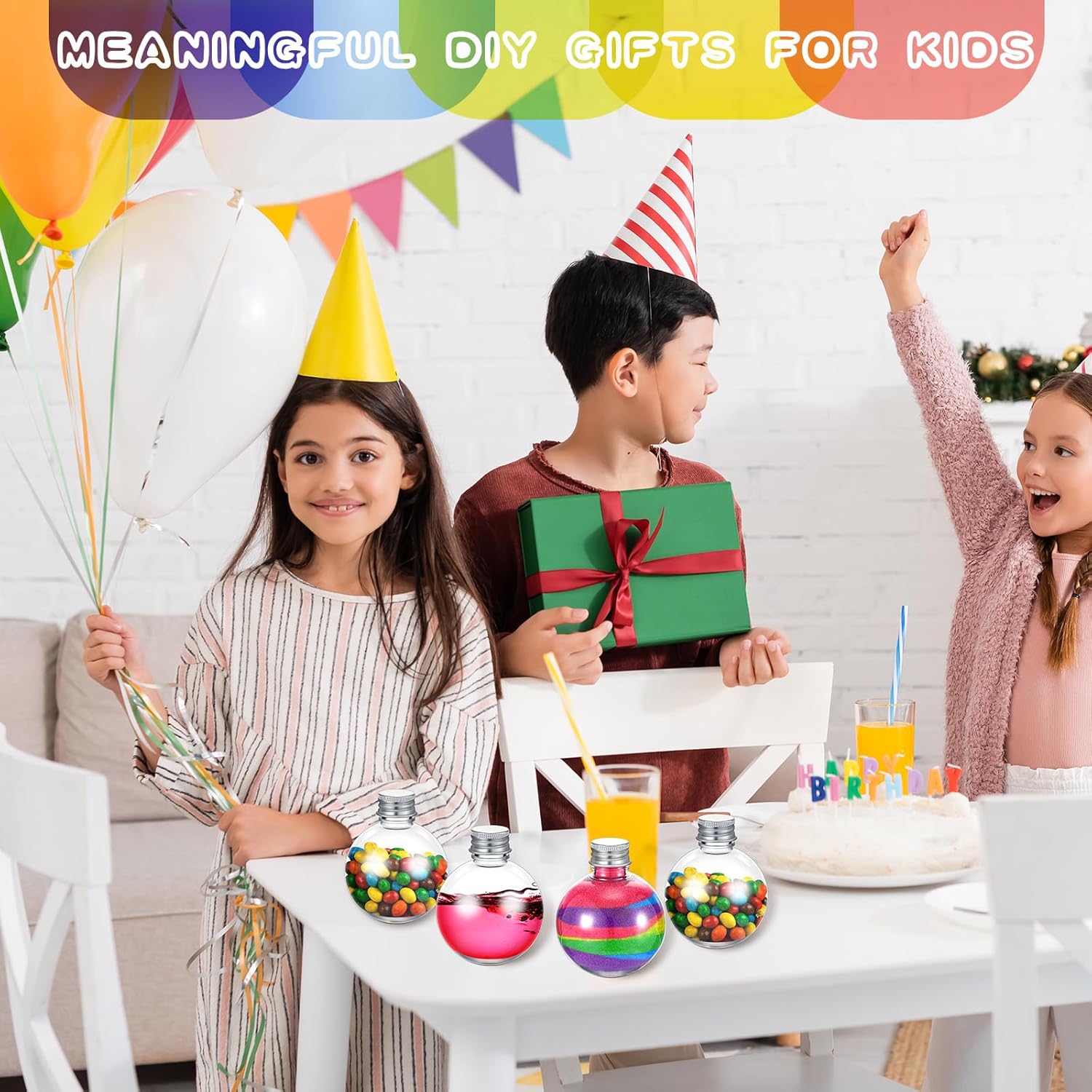 24 botellas esféricas de plástico con forma de bola, botellas redondas de arena de 3.4 onzas con 5 embudos, botella decorativa para dulces para San