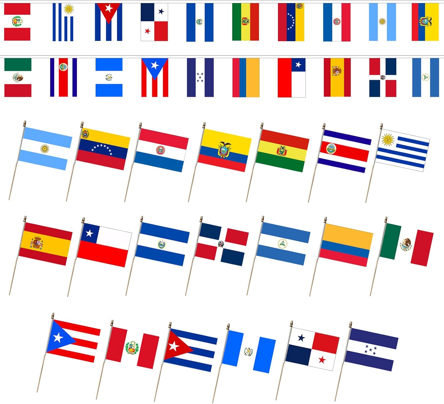 Banderas pequeñas de mano de 5 x 8 pulgadas, 21 países latinos de mano con bandera hispanoamericana, junto con 21 países, banderas de cuerda de