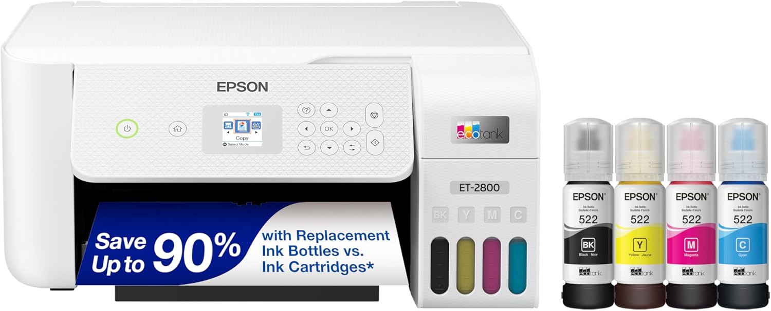 Epson EcoTank ET-2800 Impresora Supertank sin cartuchos con escaneo y copia, la impresora básica ideal para el hogar, White & Workforce Pro WF-3823
