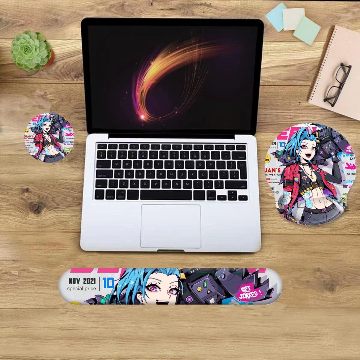 Alfombrilla de mouse de anime con reposamuñecas, teclado y reposamuñecas, juego de almohadillas con posavasos, accesorios de escritorio, alfombrilla