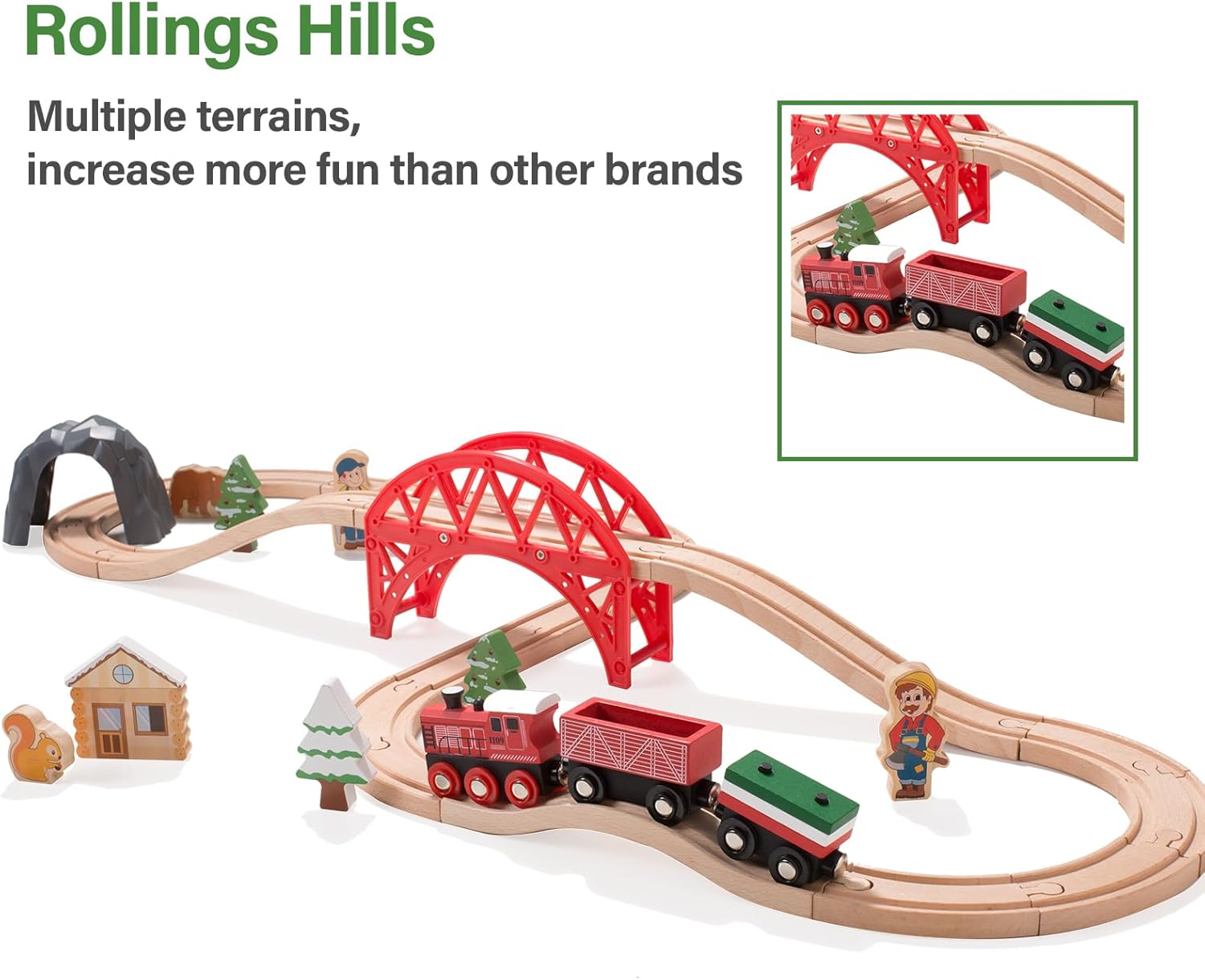 Giant bean Juego de tren de madera con temática forestal para niños pequeños, 36 piezas de juguete de madera expandible e intercambiable, para niños