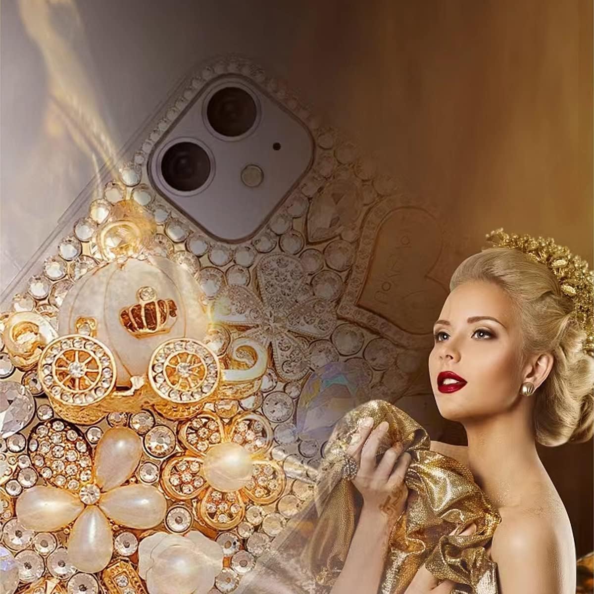Cavdycidy Funda para iPhone 11 con brillantes, para mujeres y niñas, 3D, con diamantes de imitación, diseño de calabaza, colgante de coche, con