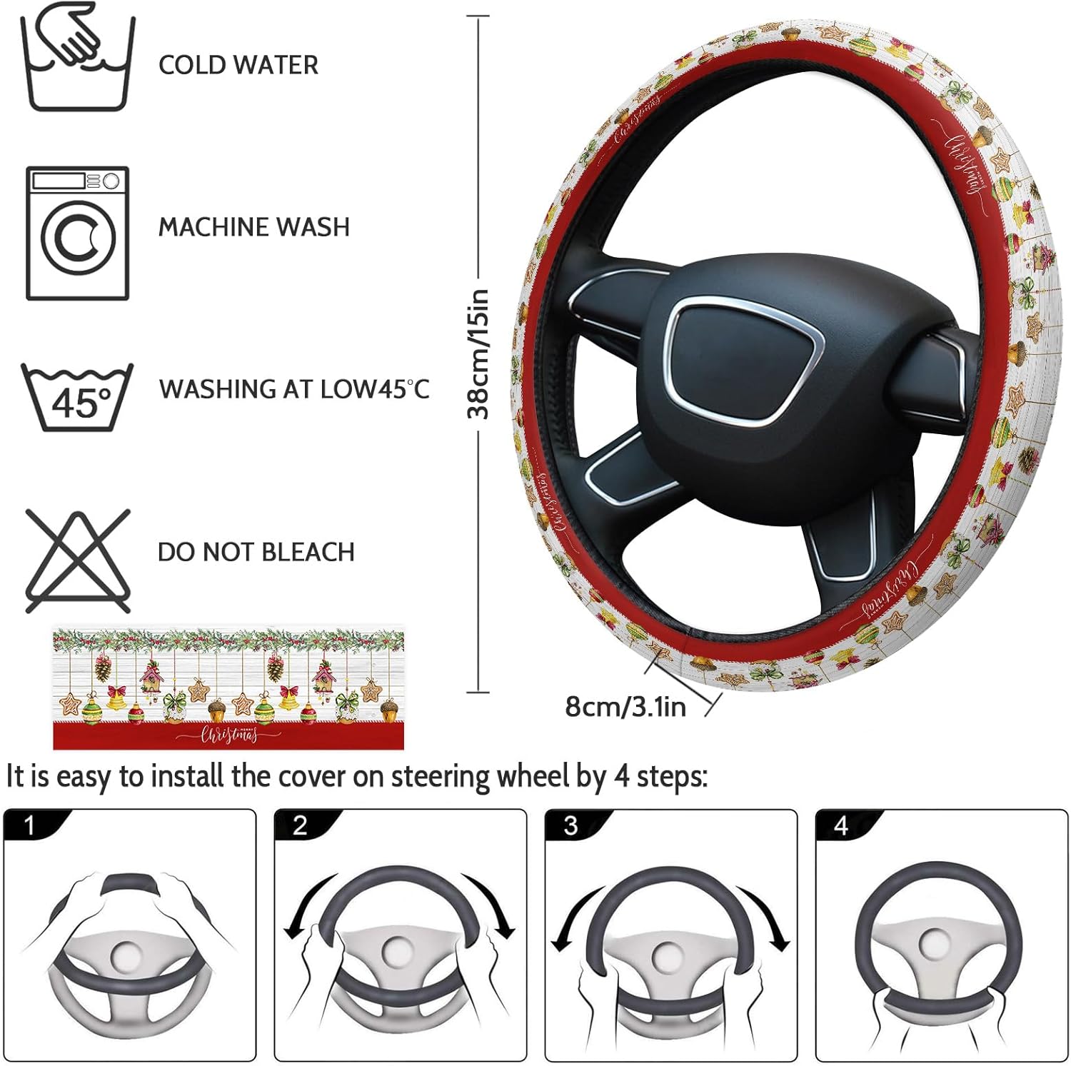 Funda para volante de automóvil, bolas de Navidad, hojas de bayas, de madera blanca, retro, elástica, esponja, volante, funda protectora para