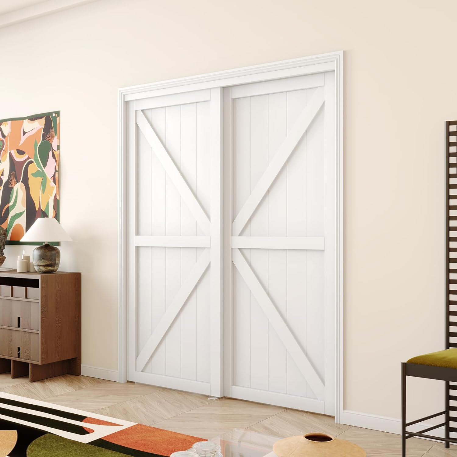 ARKHJEM Puerta corredera de armario, puerta corredera de diseño Doble-K, 60 x 80 pulgadas (doble 30 pulgadas), accesorios incluidos, panel de puerta