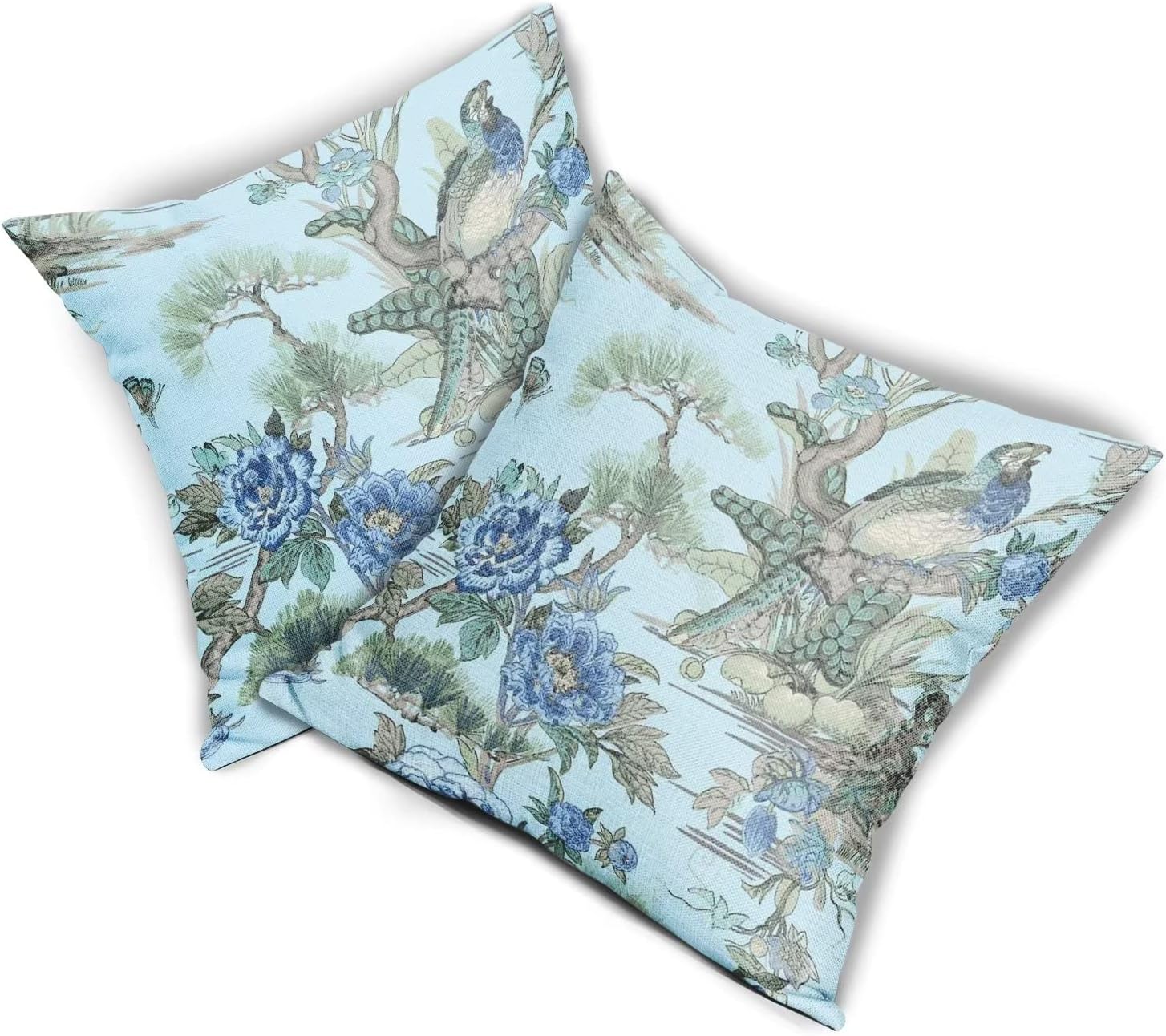 Juego de 2 fundas de almohada de 18 x 18 pulgadas con diseño de flores azules y pájaros, fundas de almohada decorativas de lino con acuarela