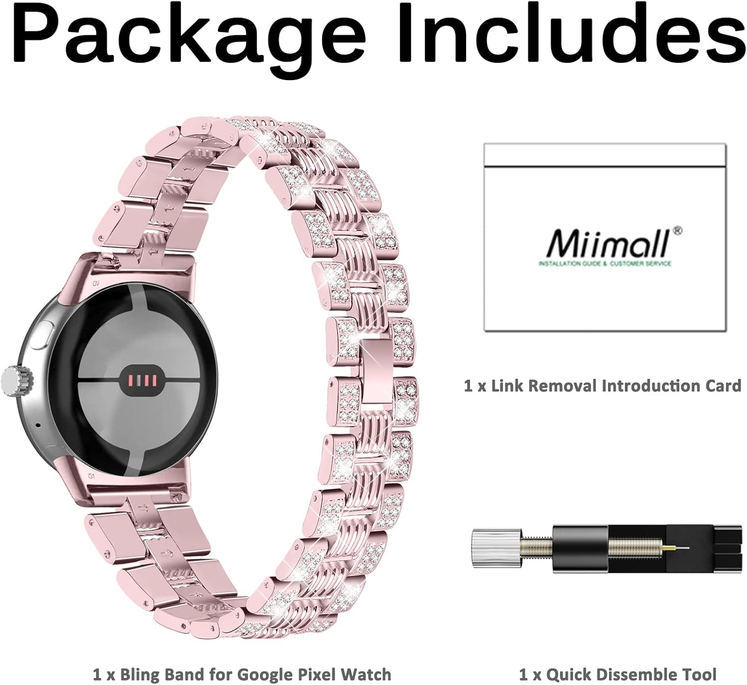 Miimall Compatible con Google Pixel Watch Band Glitter, Pixel Watch Band con diamante de cristal, eslabones de metal con hebilla plegable, correa de