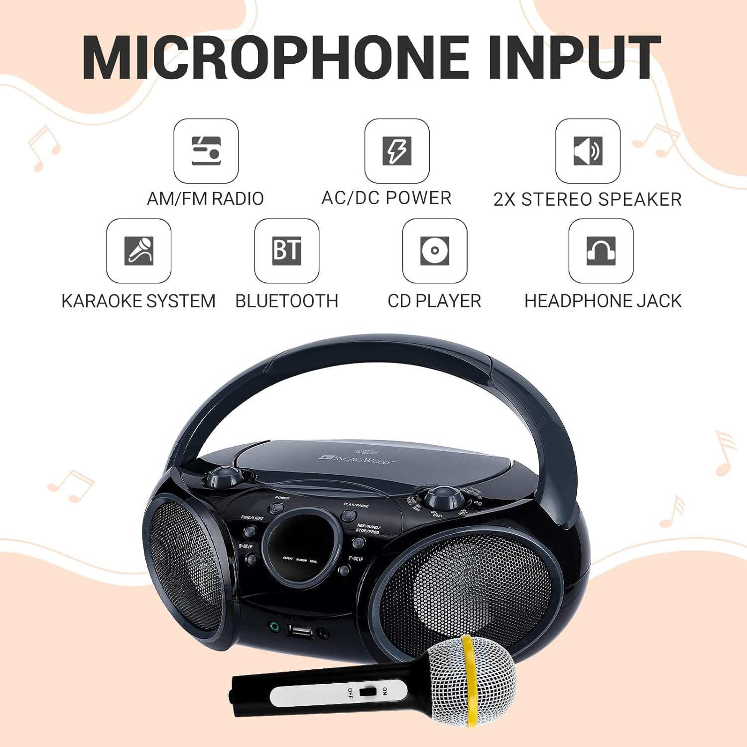 SingingWood NP030AB-GK – Sistema de karaoke portátil, reproductor de CD portátil con Bluetooth para radio estéreo AM FM en el hogar, conector para