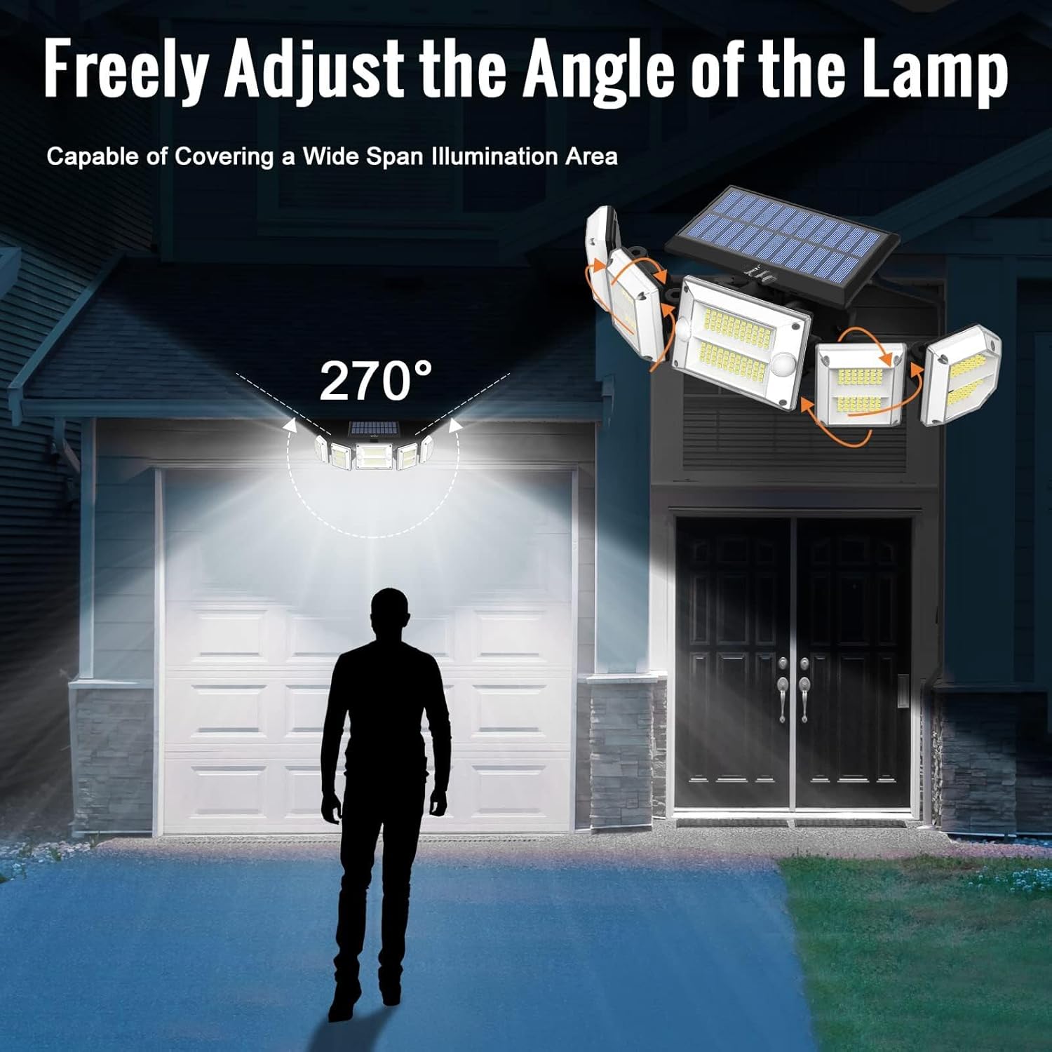 Luces solares para exteriores con sensor de movimiento para exteriores, luces de seguridad de 5 cabezales, funciona con energía solar, 300 luces LED