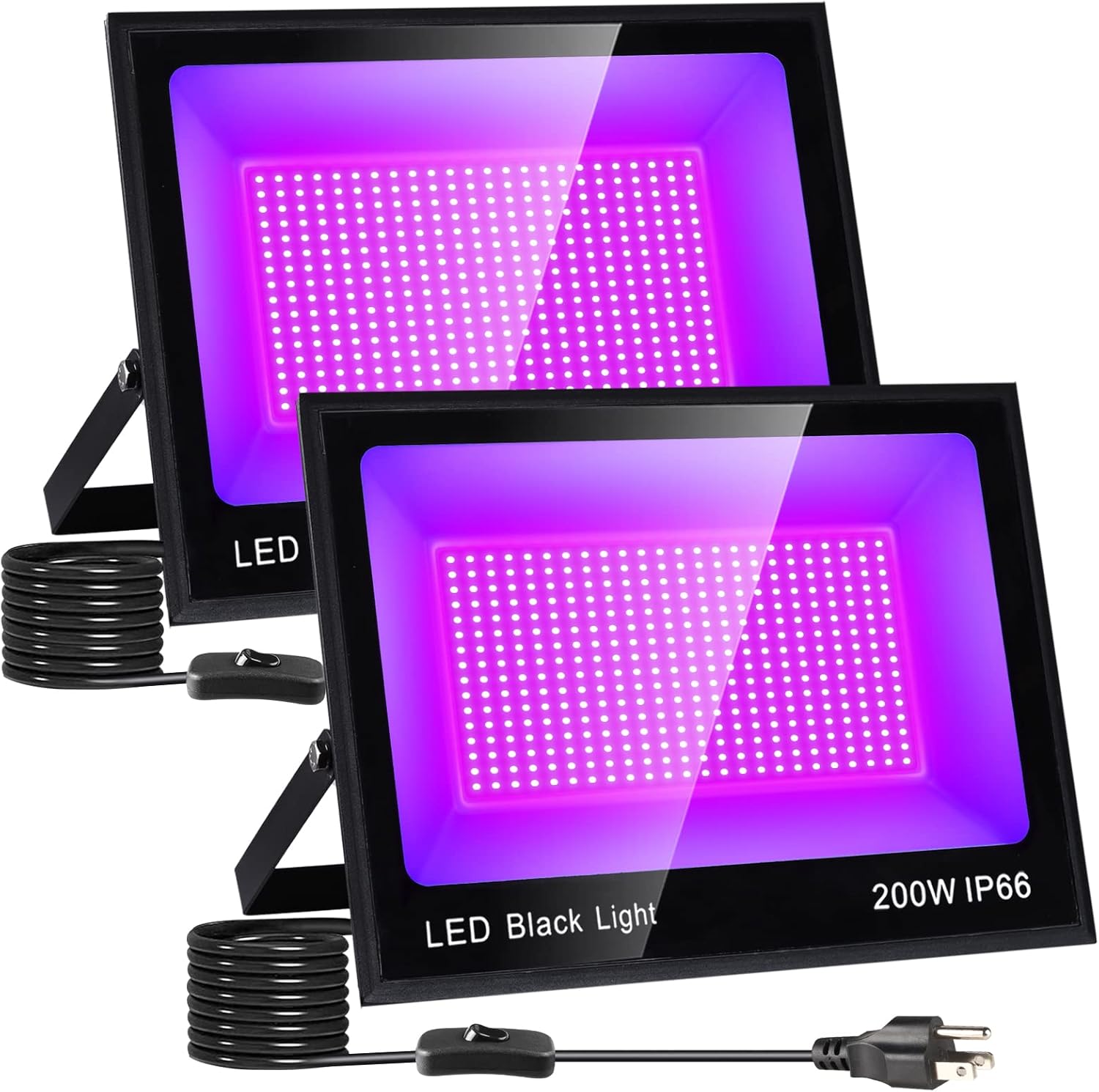 Paquete de 2 luces LED negras mejoradas de 200 W con cable de 10 pies, luz de inundación de luz negra impermeable IP66 para exteriores con