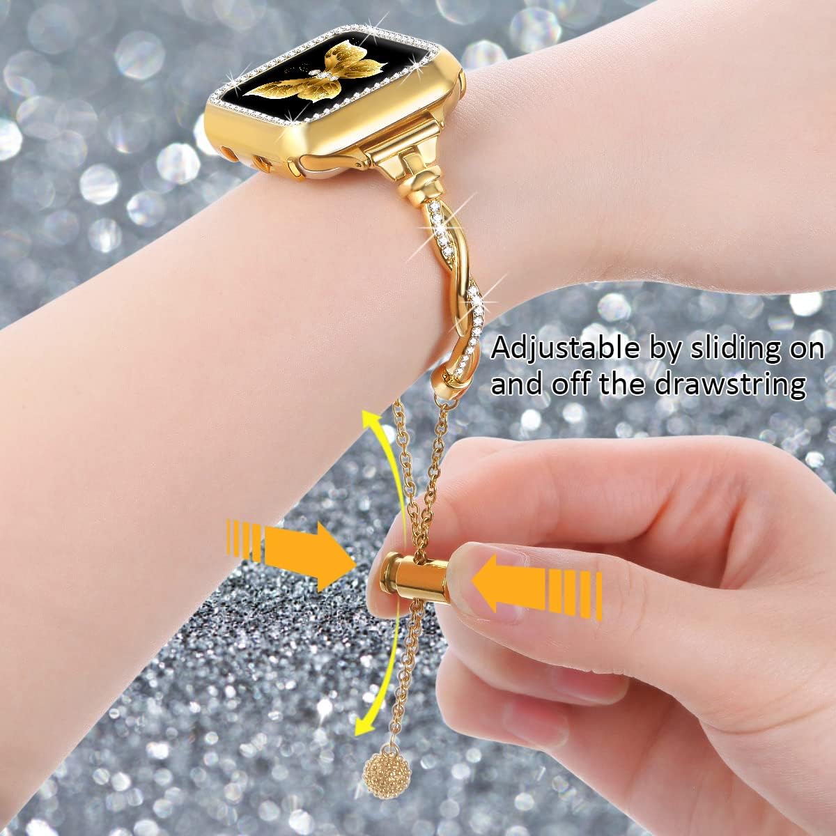 Dilando Correa brillante y funda compatible con Apple Watch Band de 1.49, 1.57, 1.61, 1.73, 1.77 y 1.65 pulgadas, correa de metal delgada y elegante