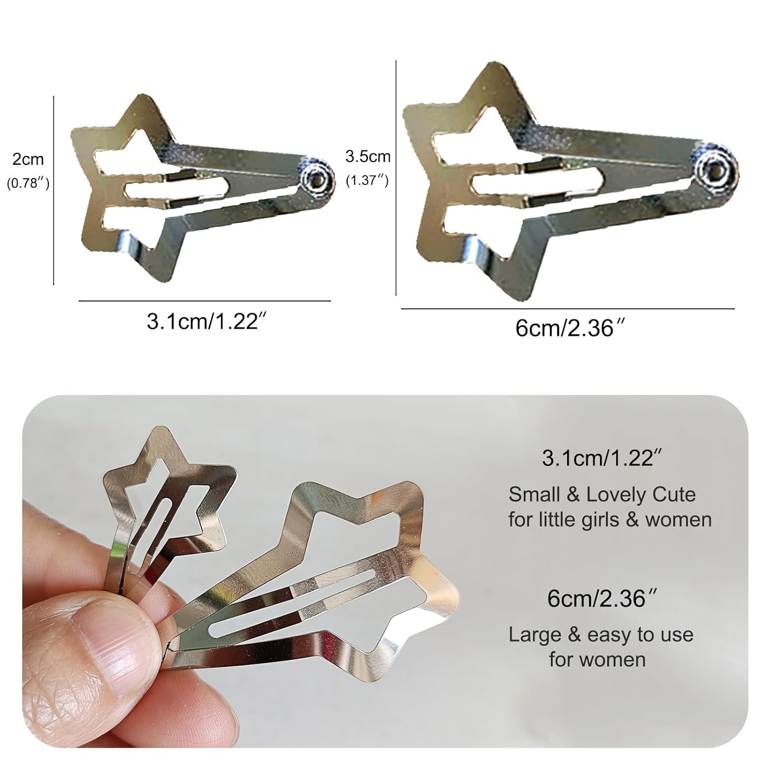 20 pinzas para el cabello Y2K de 1.57 pulgadas, accesorios plateados para el cabello de niña de los años 2000, pinzas de estrellas, pasadores de