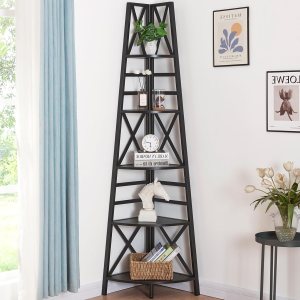 HOMBAZAAR Estante esquinero, estantería de esquina independiente de 5 niveles, estante de escalera de esquina alto con marcos de metal, soporte de HOMBAZAAR Estante esquinero, estantería de esquina independiente de 5 niveles, estante de escalera de esquina alto con marcos de metal, soporte de