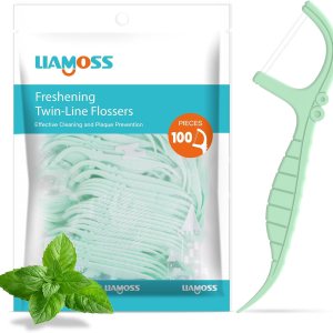Hilo dental de doble línea, 100 palillos de hilo dental sabor menta, doble acción LIAMOSS para dientes súper limpieza en menos de dos minutos, Hilo dental de doble línea, 100 palillos de hilo dental sabor menta, doble acción LIAMOSS para dientes súper limpieza en menos de dos minutos,