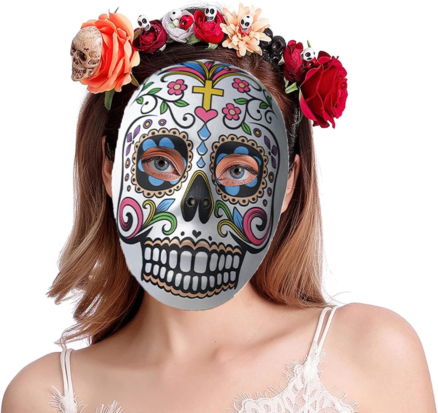 2 máscaras de calavera de azúcar del Día de los Muertos, máscara de cara completa para mujer, esqueleto zombi, hueso, flor, hoja, máscara para