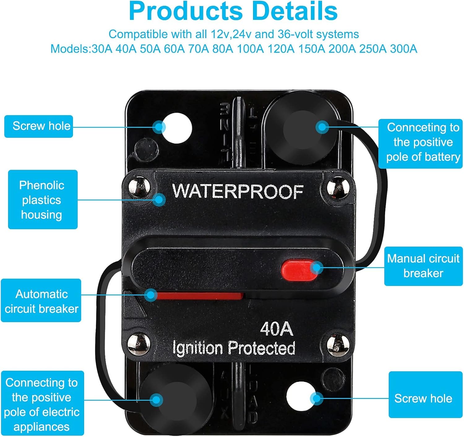 Disyuntor impermeable de 40 amperios, portafusibles, disyuntor de audio, con reinicio manual, 12V-48V CC, 30A-300A, para sistema de audio de barco