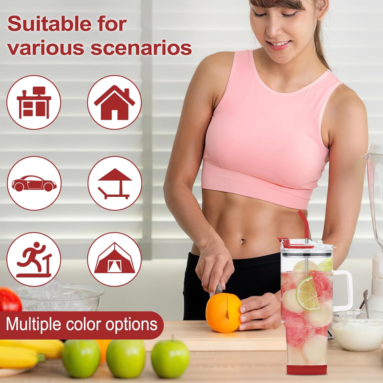 Vaso de vidrio con tapa y popotes, taza de vidrio de 40 onzas con asa, vasos para beber con posavasos de silicona, taza de agua de vidrio, taza de