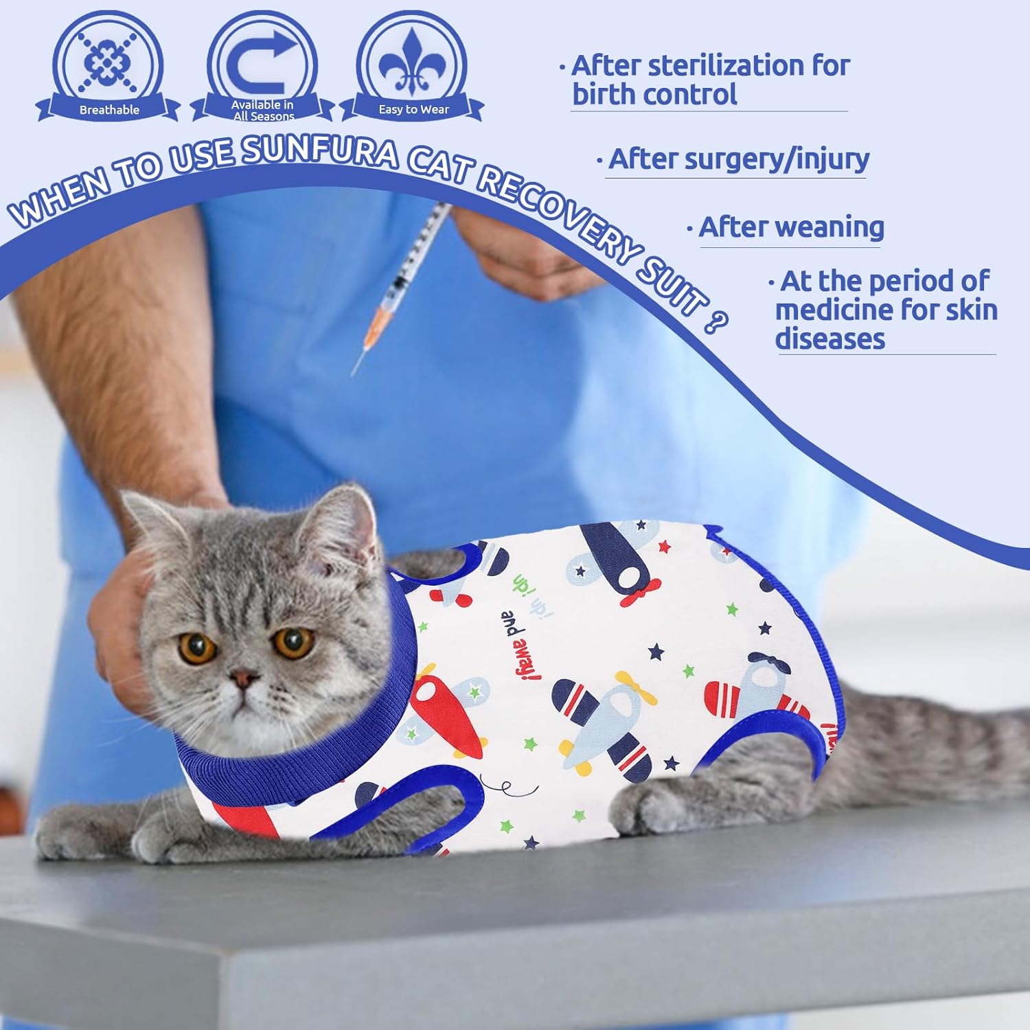 SUNFURA Traje de recuperación para gatos, body quirúrgico completo para protector de heridas abdominales, antilamidas después de la cirugía,