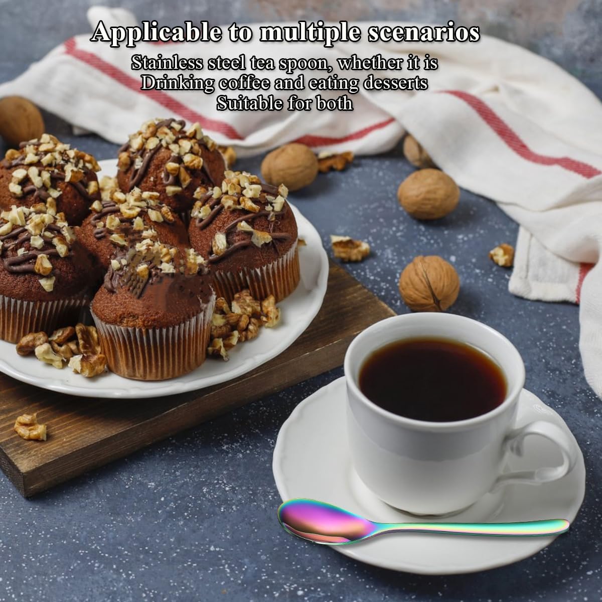 Kyraton Cucharitas de arco iris, 12 cucharas de té de acero inoxidable de 6.5 pulgadas con colorido chapado de titanio, cucharas de helado, cuchara