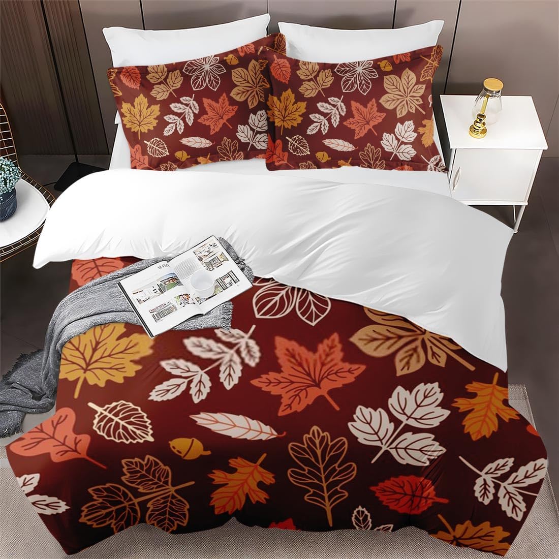 Juego de funda de edredón, juego de ropa de cama de otoño con hojas de otoño y Acción de Gracias para niños y adultos, decoración de dormitorio