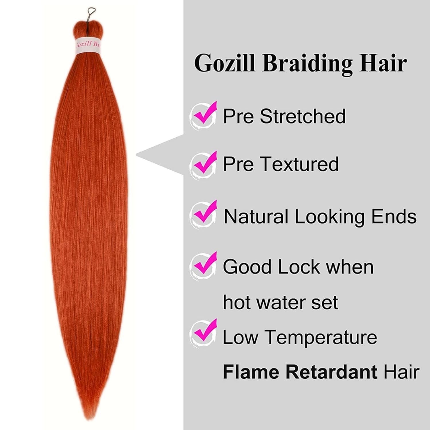Pelo trenzado de color naranja jengibre preestirado Kanekalon extensión de cabello trenzado de 26 pulgadas, pelo sintético para trenzar