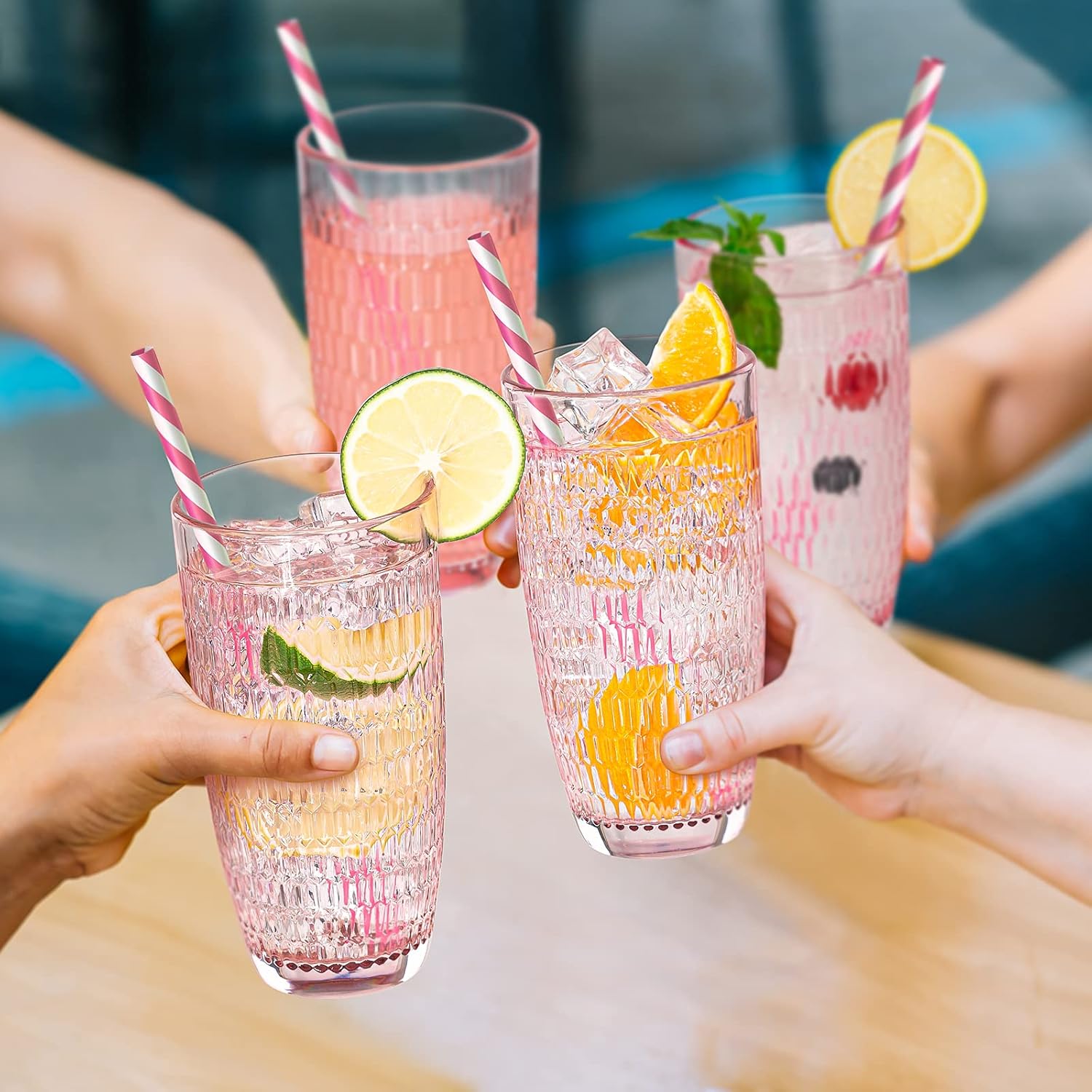 CREATIVELAND Highball – Juego de 6 vasos de bebida románticos de color rosa, base gruesa y pesada, gran capacidad, 14.87 onzas, vasos de vidrio para