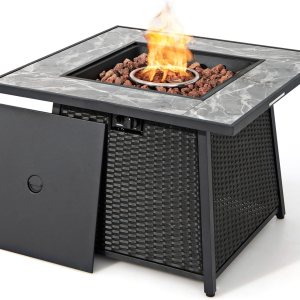 Tangkula Patiojoy – Mesa para fogata de gas propano de ratán de 35 pulgadas, 50,000 BTU para exteriores, con tapa, rocas de lava y cubierta de PVC, Tangkula Patiojoy – Mesa para fogata de gas propano de ratán de 35 pulgadas, 50,000 BTU para exteriores, con tapa, rocas de lava y cubierta de PVC,
