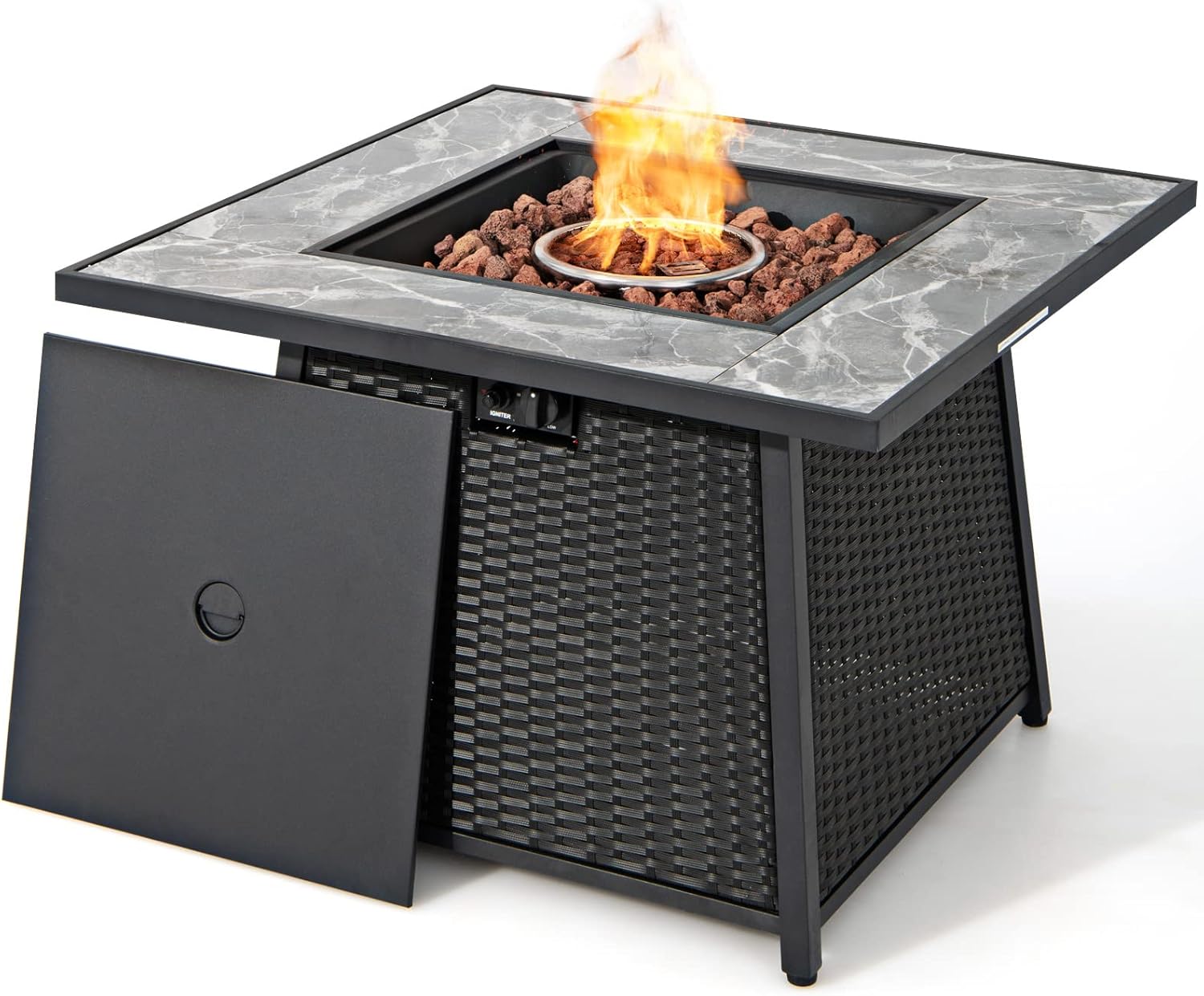 Tangkula Patiojoy – Mesa para fogata de gas propano de ratán de 35 pulgadas, 50,000 BTU para exteriores, con tapa, rocas de lava y cubierta de PVC,