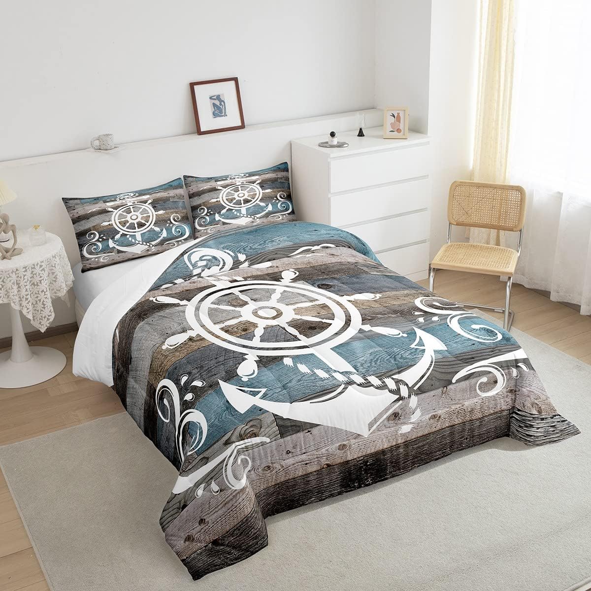 Erosebridal Juego de edredón de ancla náutica, juego de ropa de cama con brújula oceánica, tamaño individual para niños, adolescentes y adultos,