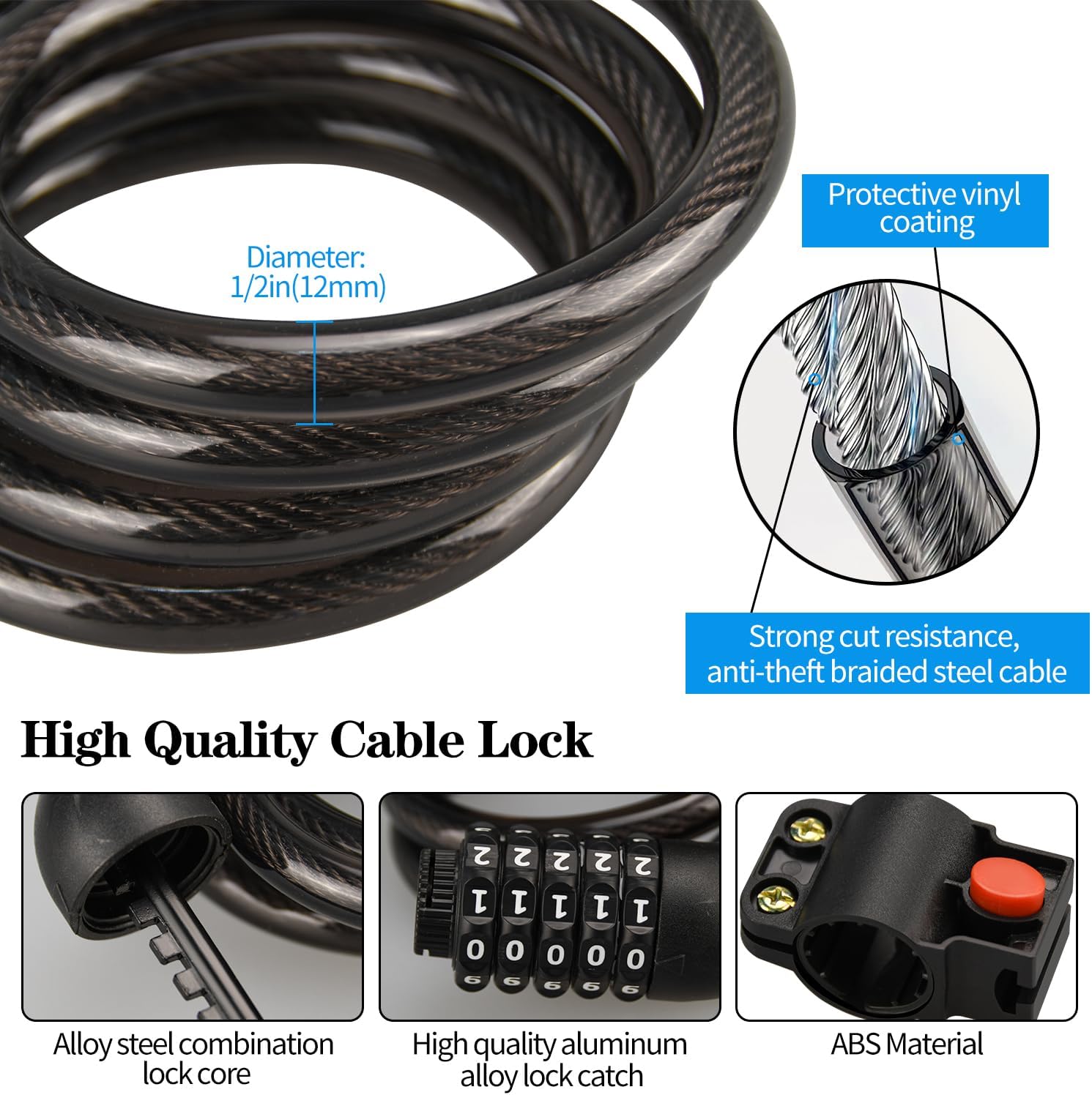 Cable de bloqueo de bicicleta, 124 piezas, cerradura de bicicleta de combinación de 4 pies con soporte de montaje, cerradura de bicicleta de alta