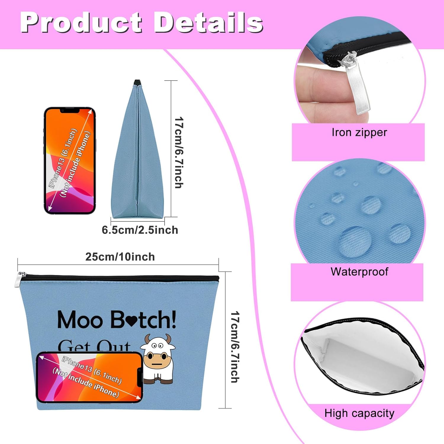 Bolsa de maquillaje de vaca, regalo para amantes de las vacas, regalos para niñas, mujeres, bolsa de cosméticos de vaca, Azul
