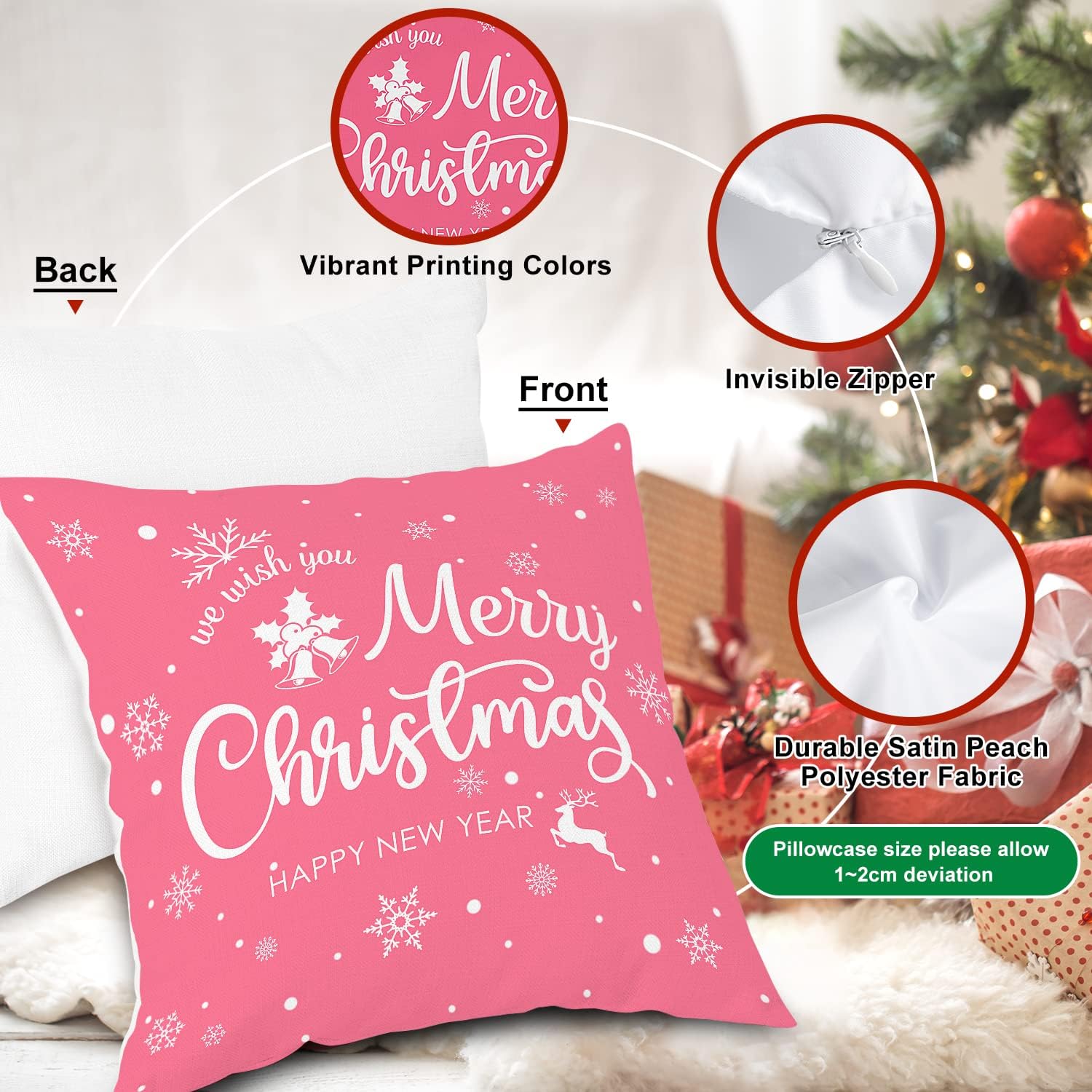 Lanpn Juego de 4 fundas de almohada de Navidad blancas y rosas de 18 x 18 pulgadas, fundas de cojín decorativas de Navidad de 18 pulgadas, fundas de