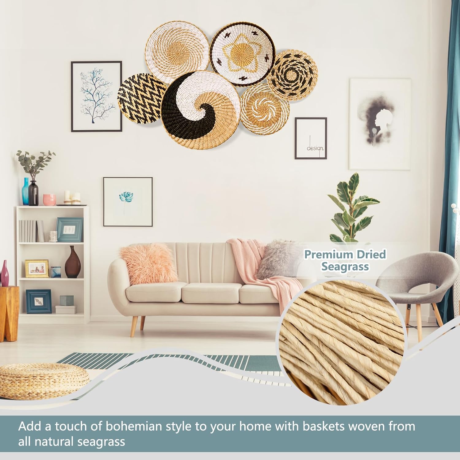 Juego de 6 cestas de pared tejidas para colgar, grandes, redondas, rústicas, rústicas, modernas, decoración de pared de ratán y seegrass hecha a
