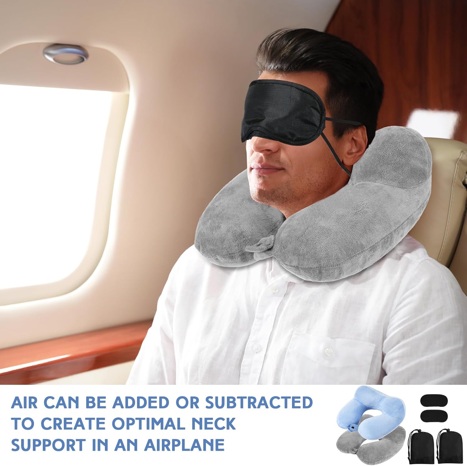 Paquete de 2 almohadas inflables de viaje para aviones, almohadas inflables para el cuello con bolsa compacta y almohada de vuelo suave para viajes,