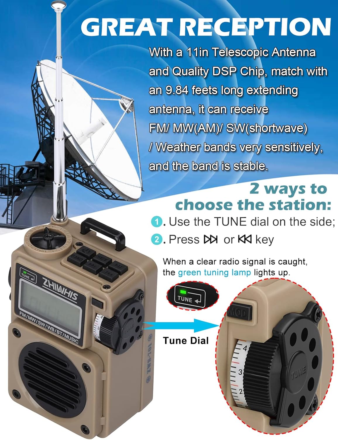 ZHIWHIS Radio de onda corta reproductor de MP3 con radios meteorológicos portátil AM FM altavoz Bluetooth retro con 6 modos de ecualización receptor - Imagen 4