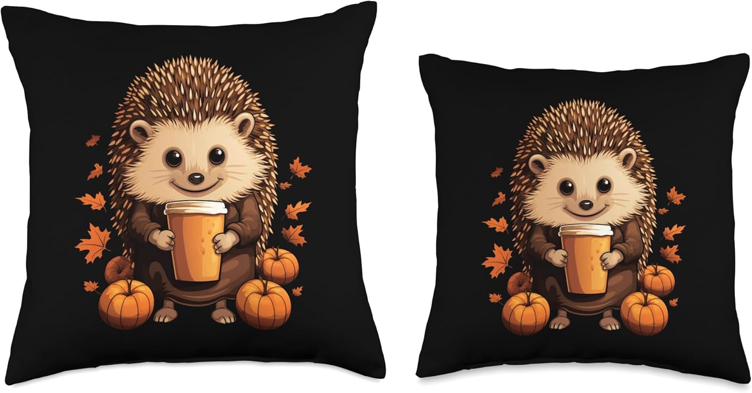 Hedgehog Fall Thanksgiving Halloween Kawaii Hedgehog – Almohada de puercoespín con calabaza y especias, otoño, Halloween, 18 x 18 pulgadas,